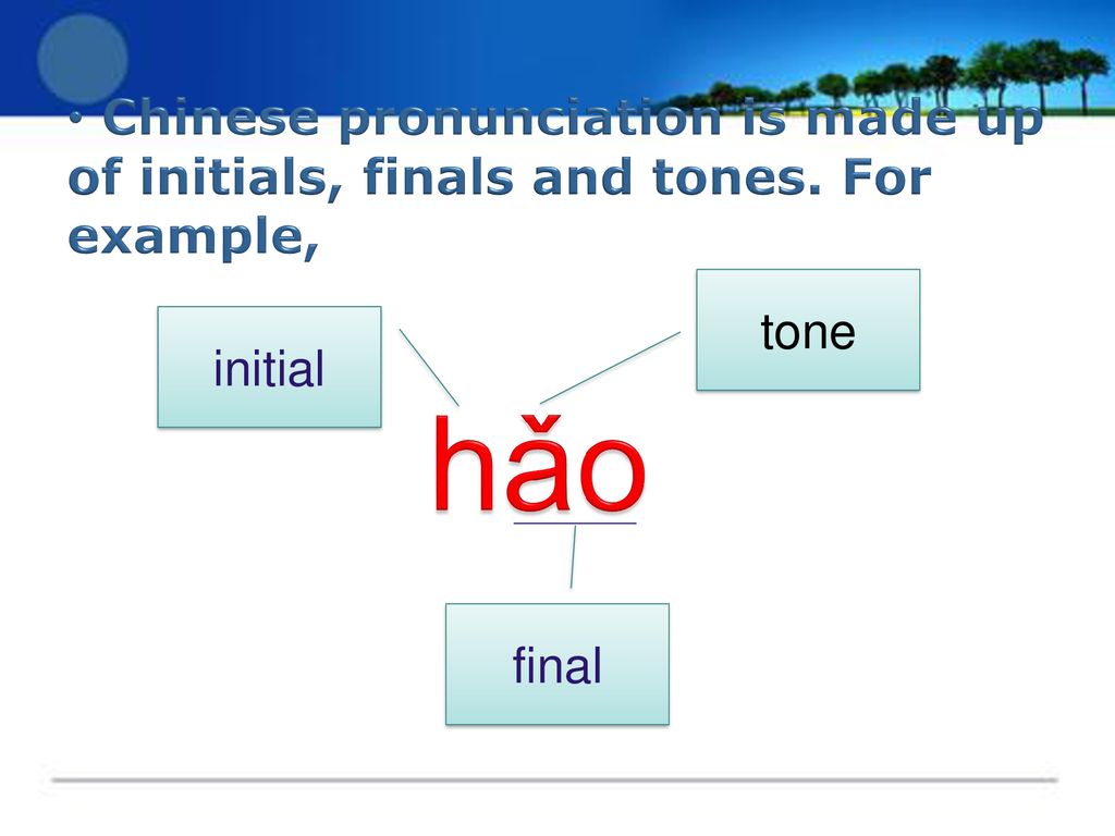Chinese pronunciation is made up of initials, finals and tones