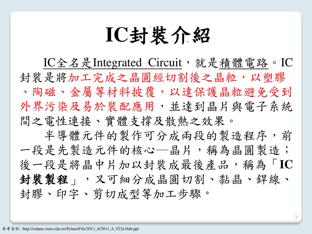 IC封裝介紹 IC全名是Integrated Circuit，就是積體電路。IC封裝是將加工完成之晶圓經切割後之晶粒，以塑膠