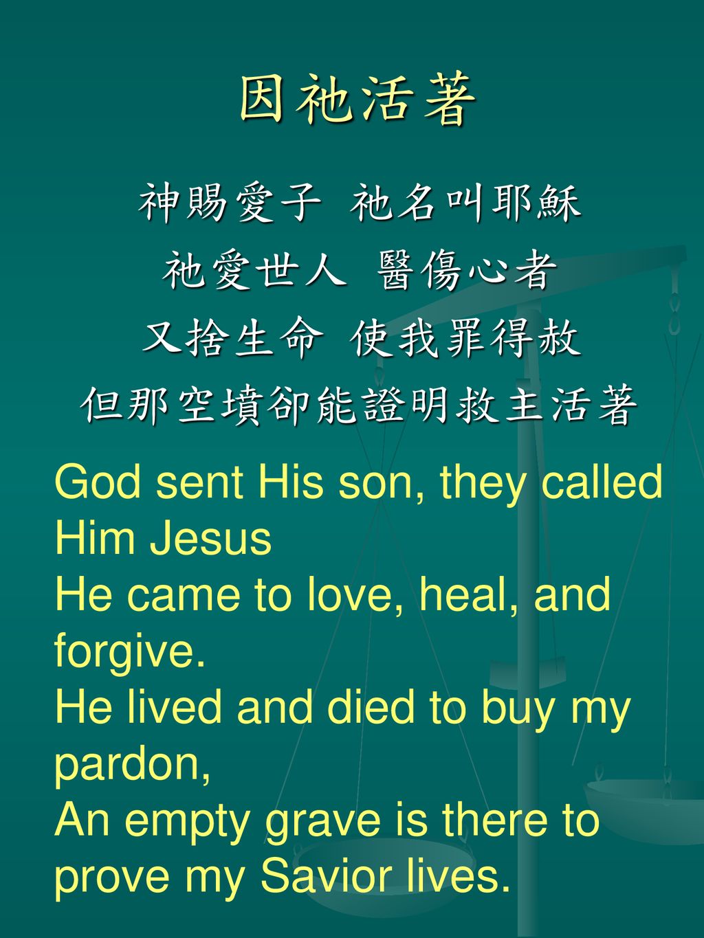 神賜愛子 祂名叫耶穌 祂愛世人 醫傷心者 又捨生命 使我罪得赦 但那空墳卻能證明救主活著