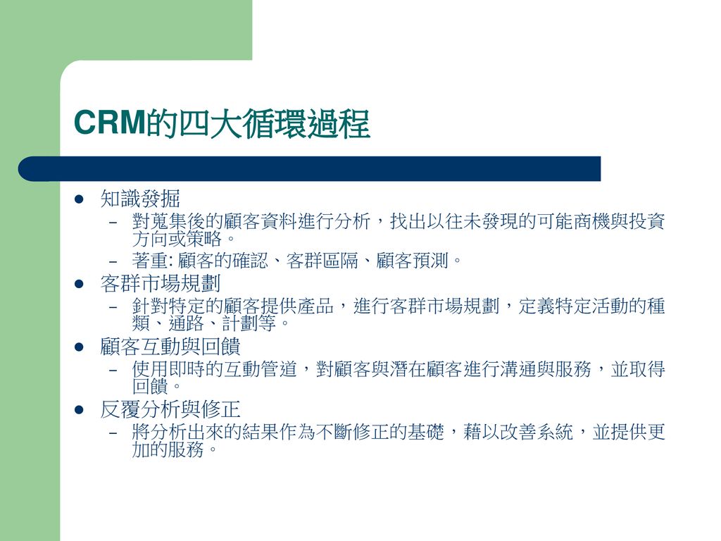 CRM的四大循環過程 知識發掘 客群市場規劃 顧客互動與回饋 反覆分析與修正