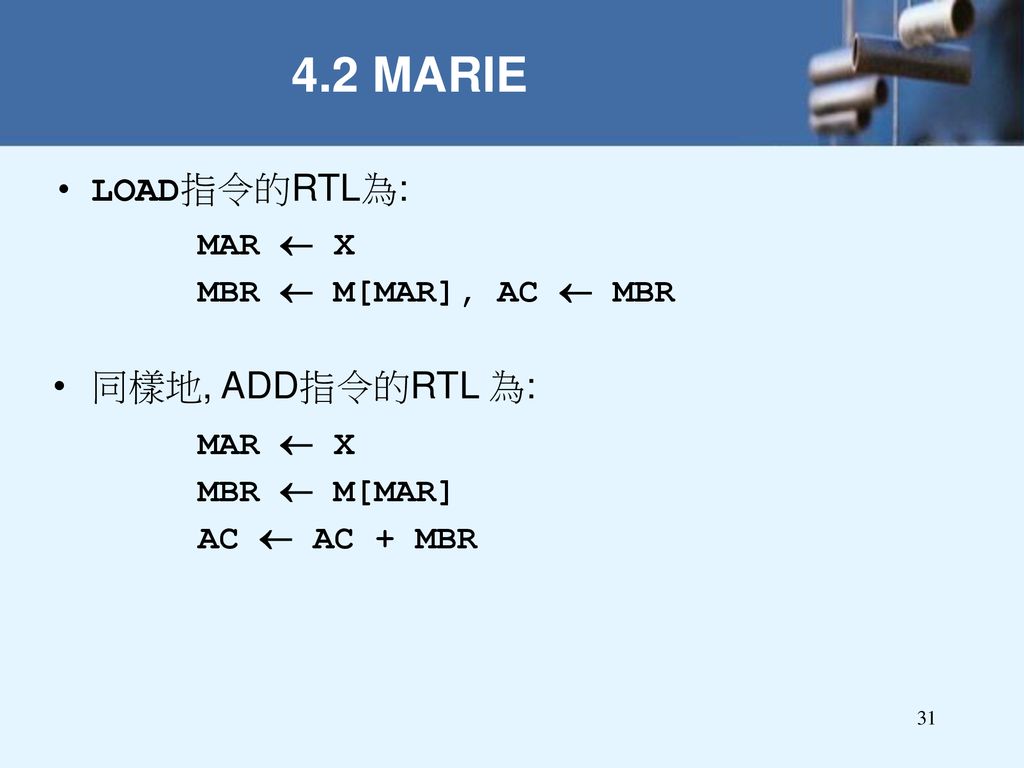 4.2 MARIE LOAD指令的RTL為: 同樣地, ADD指令的RTL 為: MAR  X