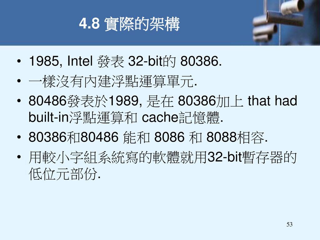 4.8 實際的架構 1985, Intel 發表 32-bit的 一樣沒有內建浮點運算單元.