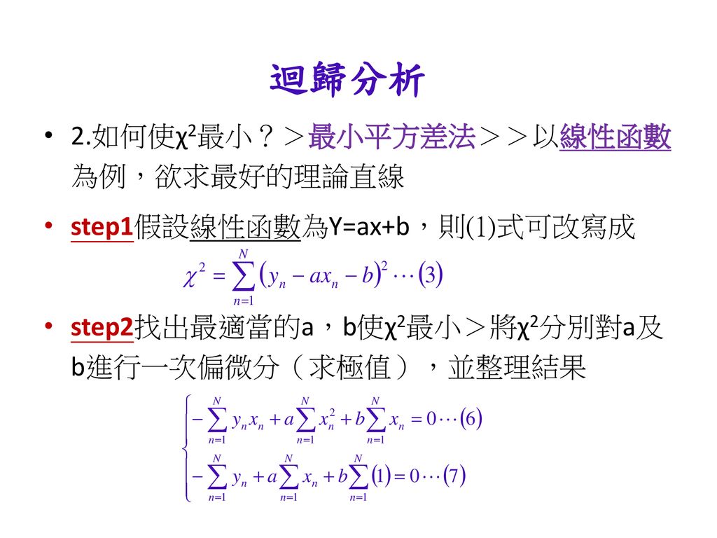迴歸分析 2.如何使χ2最小？＞最小平方差法＞＞以線性函數為例，欲求最好的理論直線 step1假設線性函數為Y=ax+b，則(1)式可改寫成
