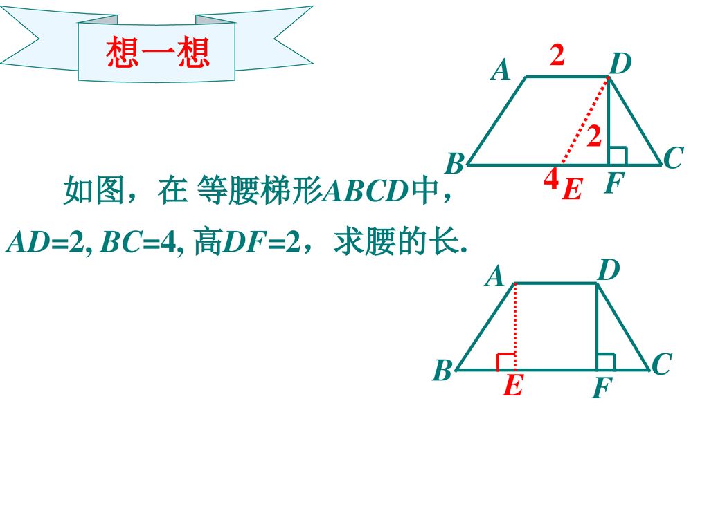 想一想 2 D A E 2 C B 如图，在 等腰梯形ABCD中， AD=2, BC=4, 高DF=2，求腰的长. 4 F A D F B