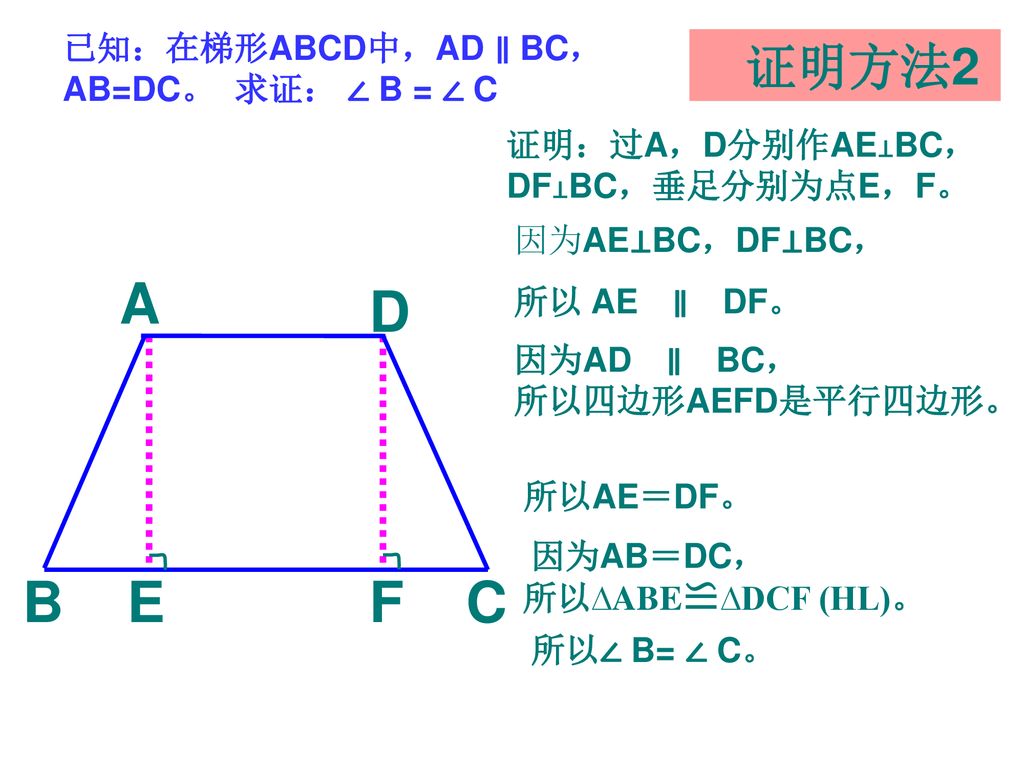 A D B E F C 证明方法2 已知：在梯形ABCD中，AD ∥ BC，AB=DC。 求证： ∠ B = ∠ C