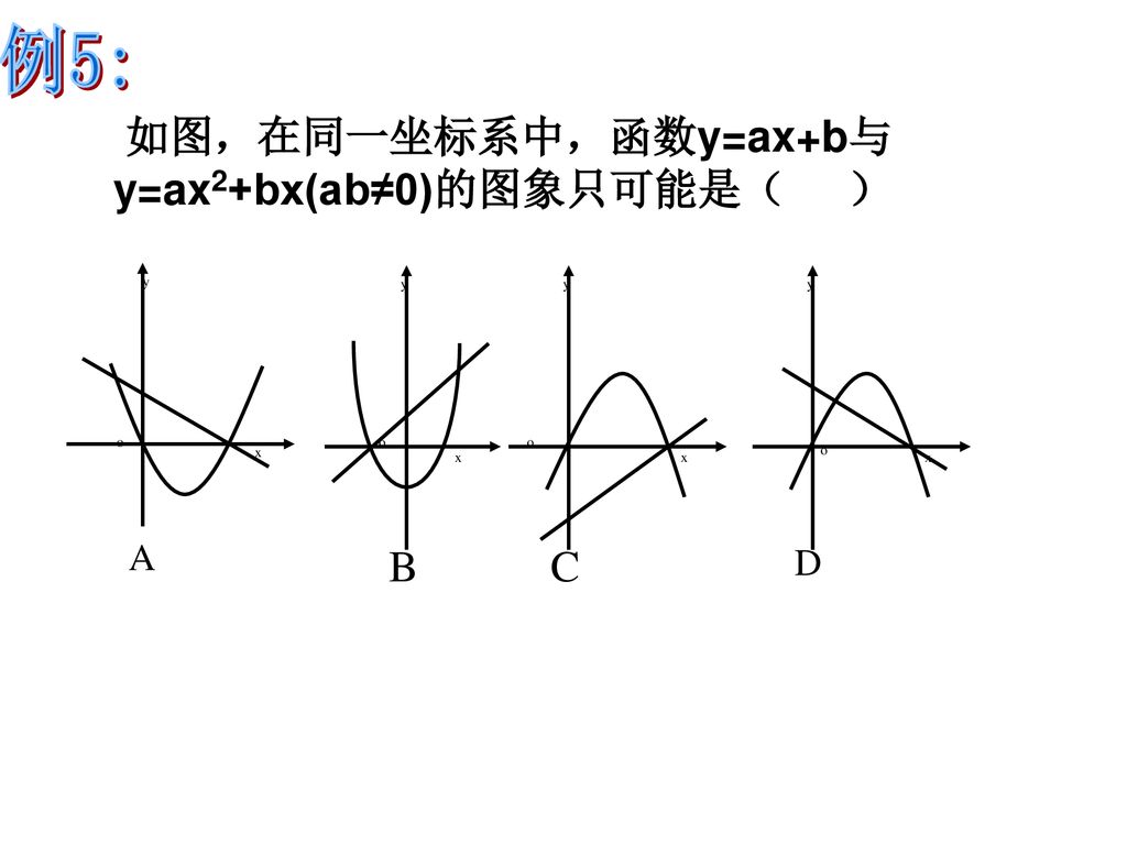 例5: 如图，在同一坐标系中，函数y=ax+b与 y=ax2+bx(ab≠0)的图象只可能是（ ） x y o A B C D