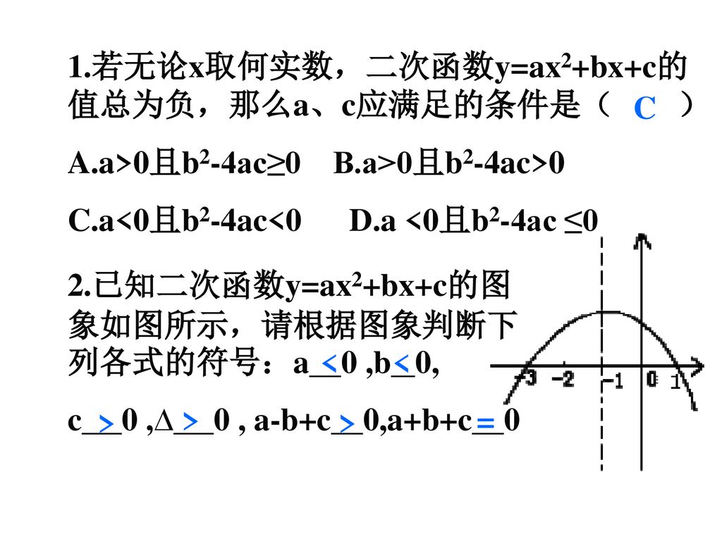 1.若无论x取何实数，二次函数y=ax2+bx+c的值总为负，那么a、c应满足的条件是（ ）