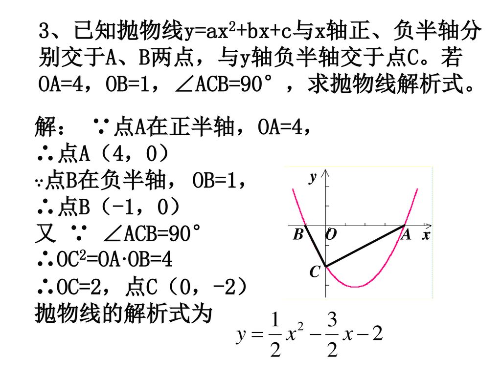 3、已知抛物线y=ax2+bx+c与x轴正、负半轴分别交于A、B两点，与y轴负半轴交于点C。若OA=4，OB=1，∠ACB=90°，求抛物线解析式。