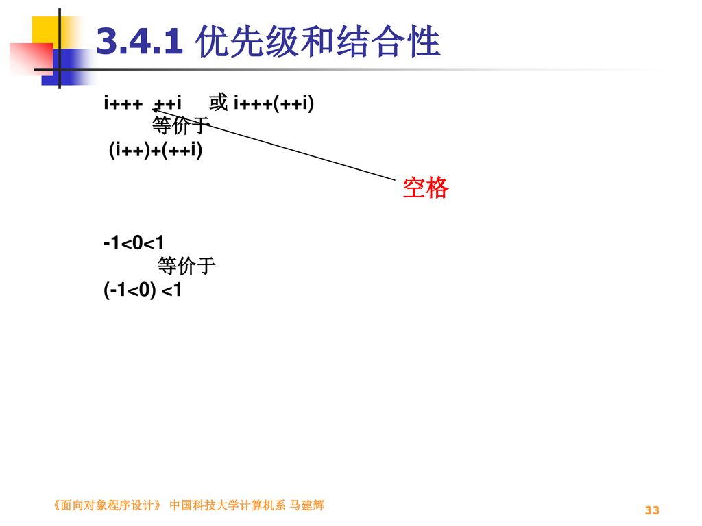 3.4.1 优先级和结合性 空格 i+++ ++i 或 i+++(++i) 等价于 (i++)+(++i) -1<0<1