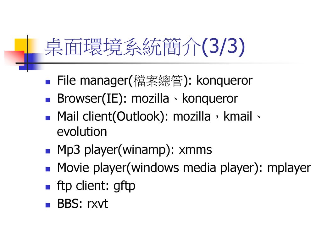 桌面環境系統簡介(3/3) File manager(檔案總管): konqueror
