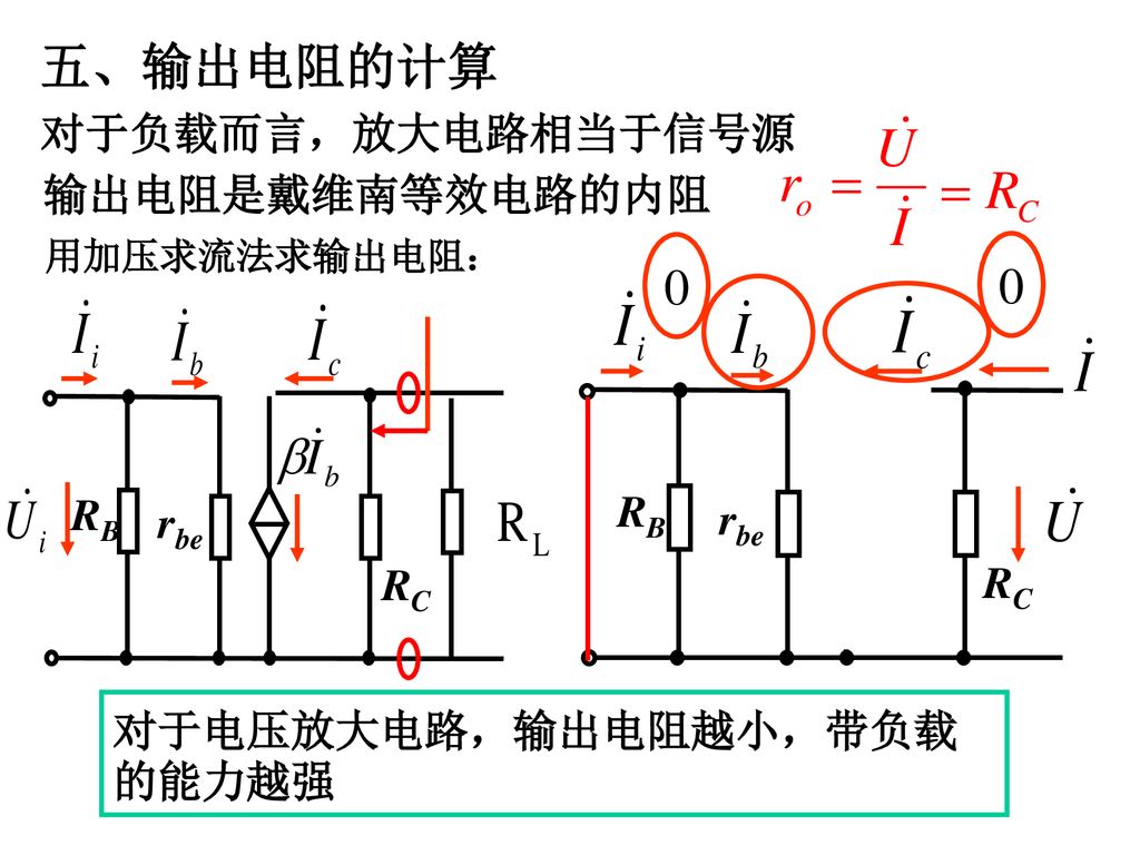 五、输出电阻的计算 对于负载而言，放大电路相当于信号源 输出电阻是戴维南等效电路的内阻 RB RB rbe rbe RC RC