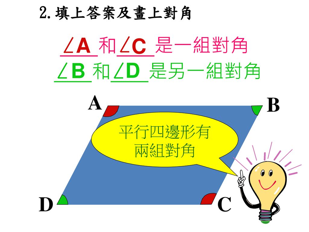 2.填上答案及畫上對角 和 是一組對角 A C 和 是另一組對角 B D A B 平行四邊形有 兩組對角 D C
