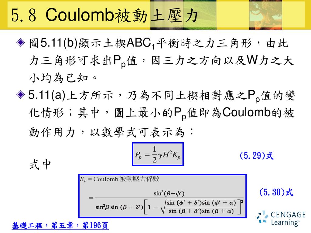 5.8 Coulomb被動土壓力 式中 圖5.11(b)顯示土楔ABC1平衡時之力三角形，由此
