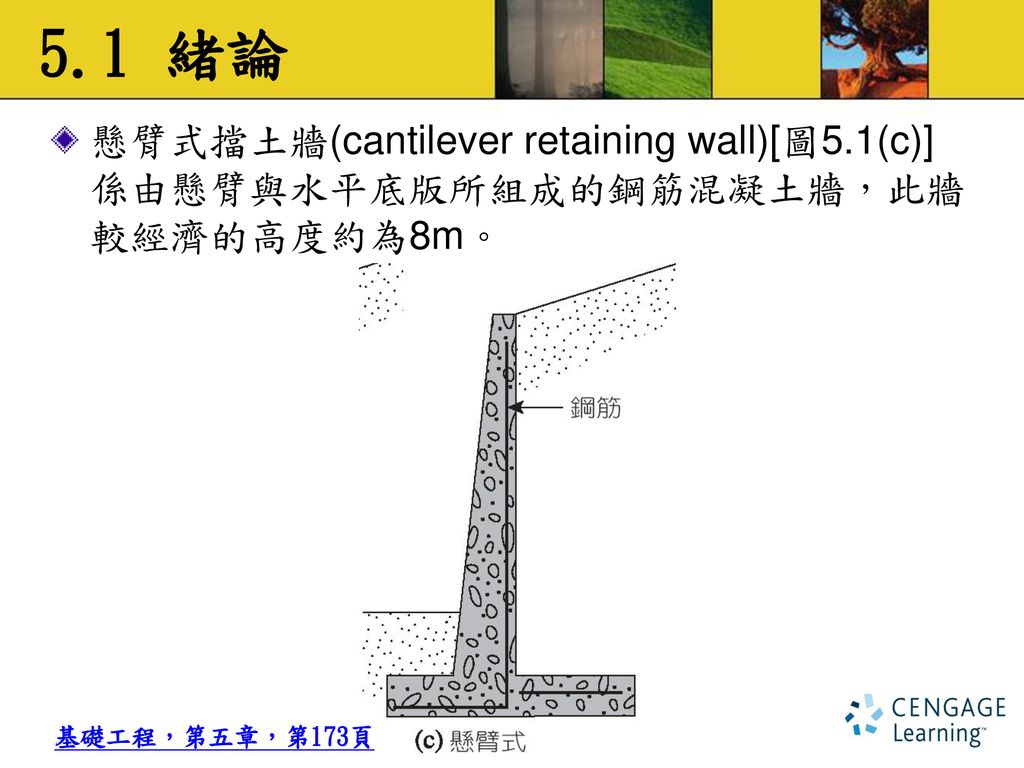 5.1 緒論 懸臂式擋土牆(cantilever retaining wall)[圖5.1(c)]