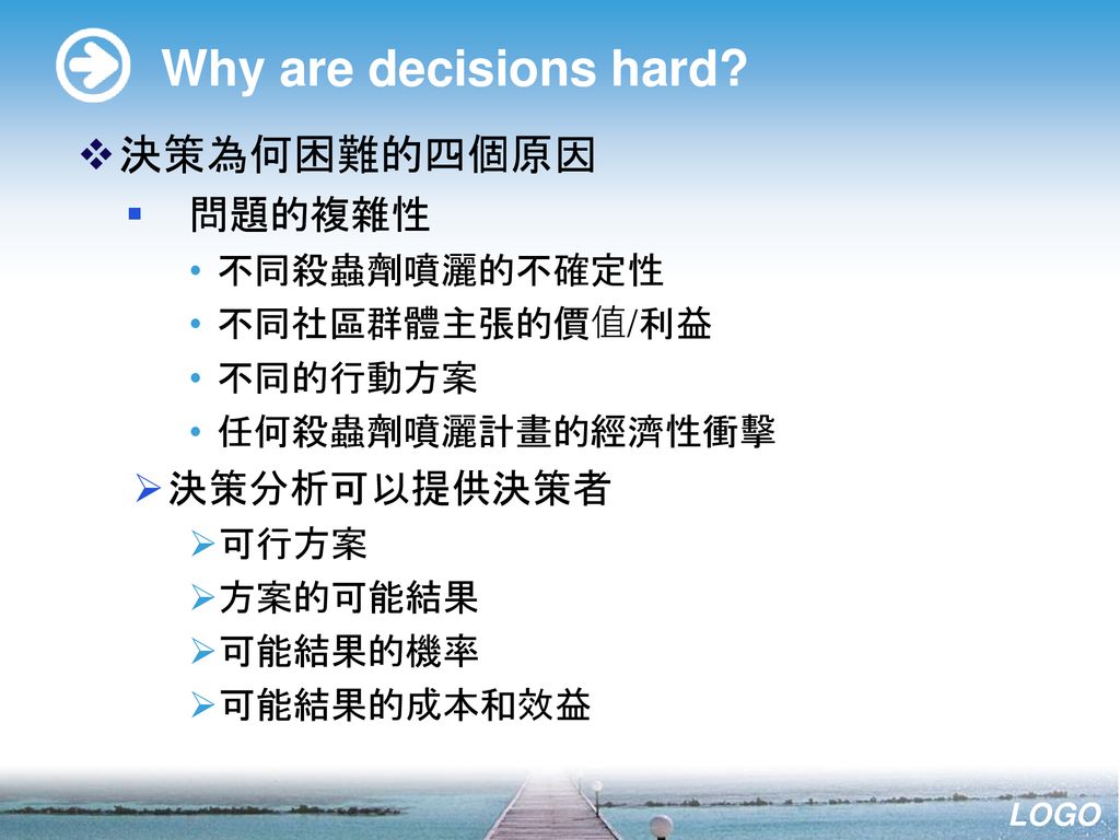 Why are decisions hard 決策為何困難的四個原因 問題的複雜性 決策分析可以提供決策者 不同殺蟲劑噴灑的不確定性