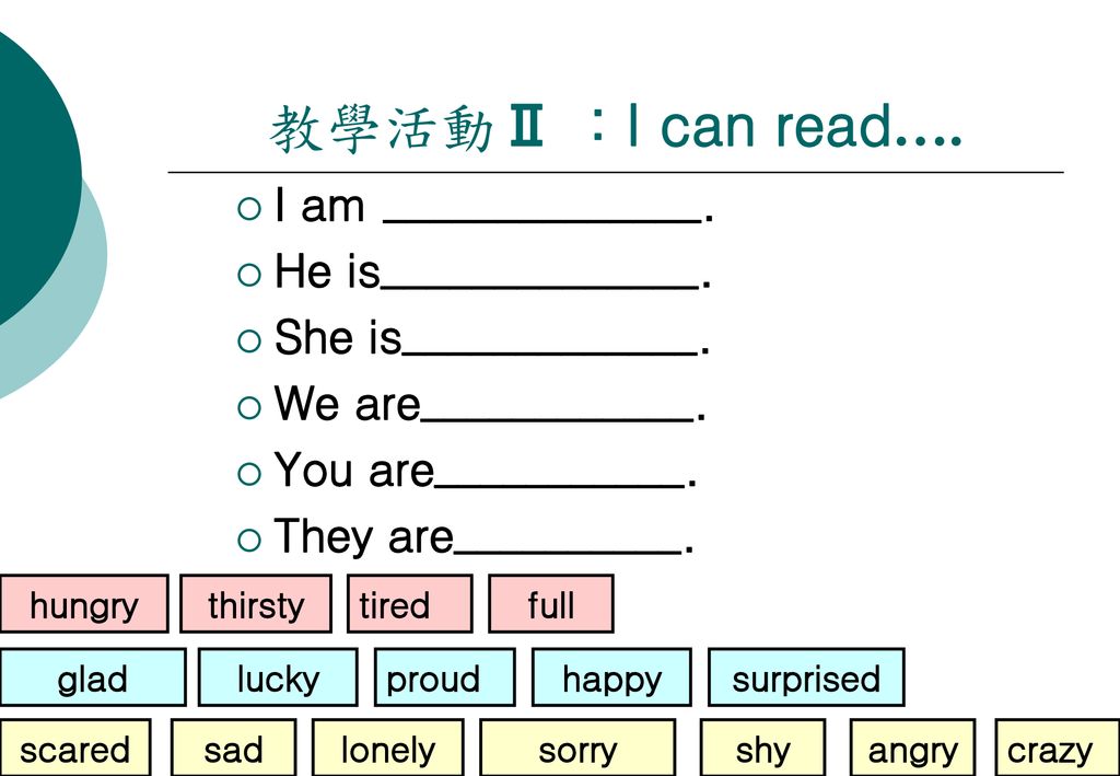 教學活動Ⅱ ：I can read…. I am ______________. He is______________.