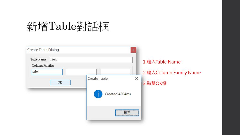 新增Table對話框 1.輸入Table Name 2.輸入Column Family Name 3.點擊OK鍵