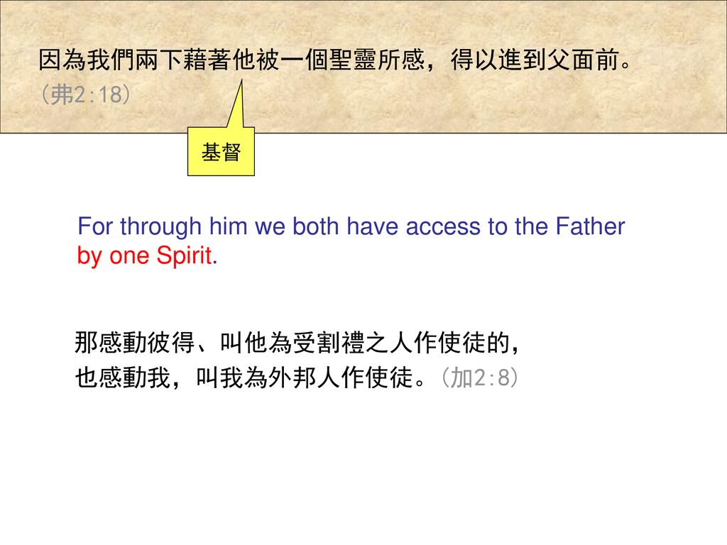 因為我們兩下藉著他被一個聖靈所感，得以進到父面前。(弗2:18)