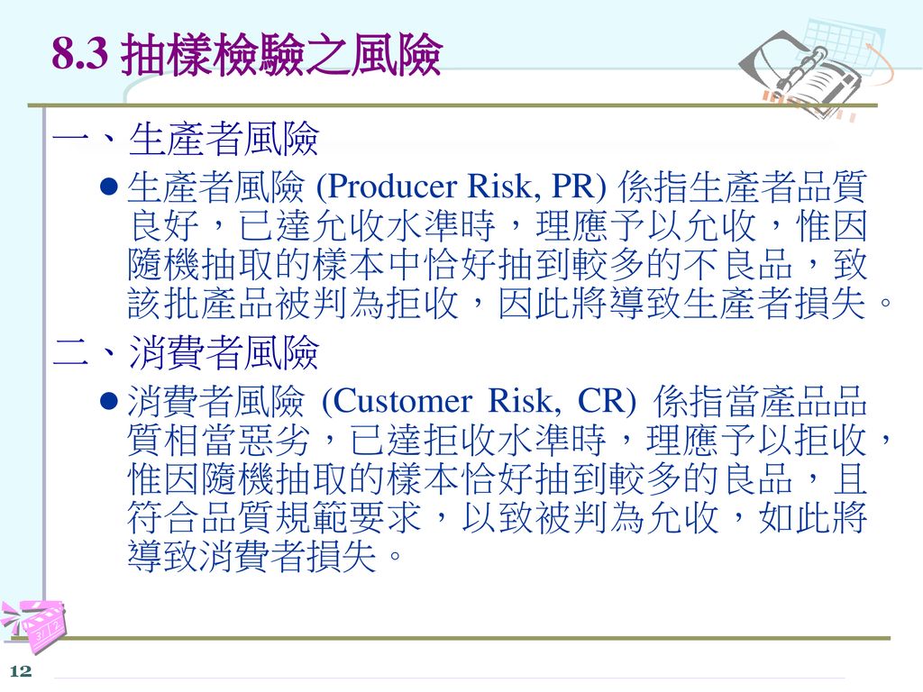 8.3 抽樣檢驗之風險 一、生產者風險 二、消費者風險