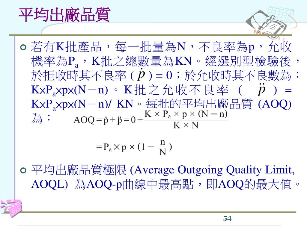 平均出廠品質 若有K批產品，每一批量為N，不良率為p，允收機率為Pa，K批之總數量為KN。經選別型檢驗後，於拒收時其不良率 ( ) = 0；於允收時其不良數為：K×Pa×p×(N－n)。K批之允收不良率 ( ) = K×Pa×p×(N－n)/ KN。每批的平均出廠品質 (AOQ) 為：