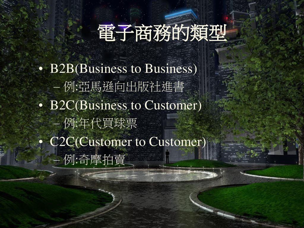電子商務的類型 B2B(Business to Business) B2C(Business to Customer)