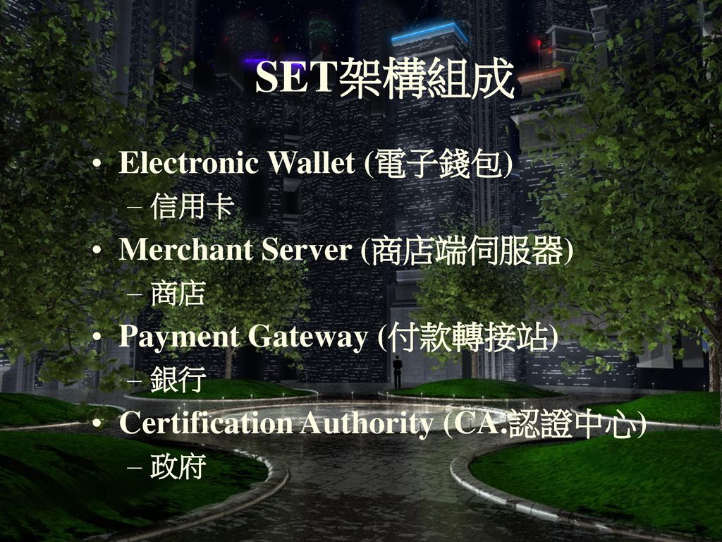 SET架構組成 Electronic Wallet (電子錢包) Merchant Server (商店端伺服器)