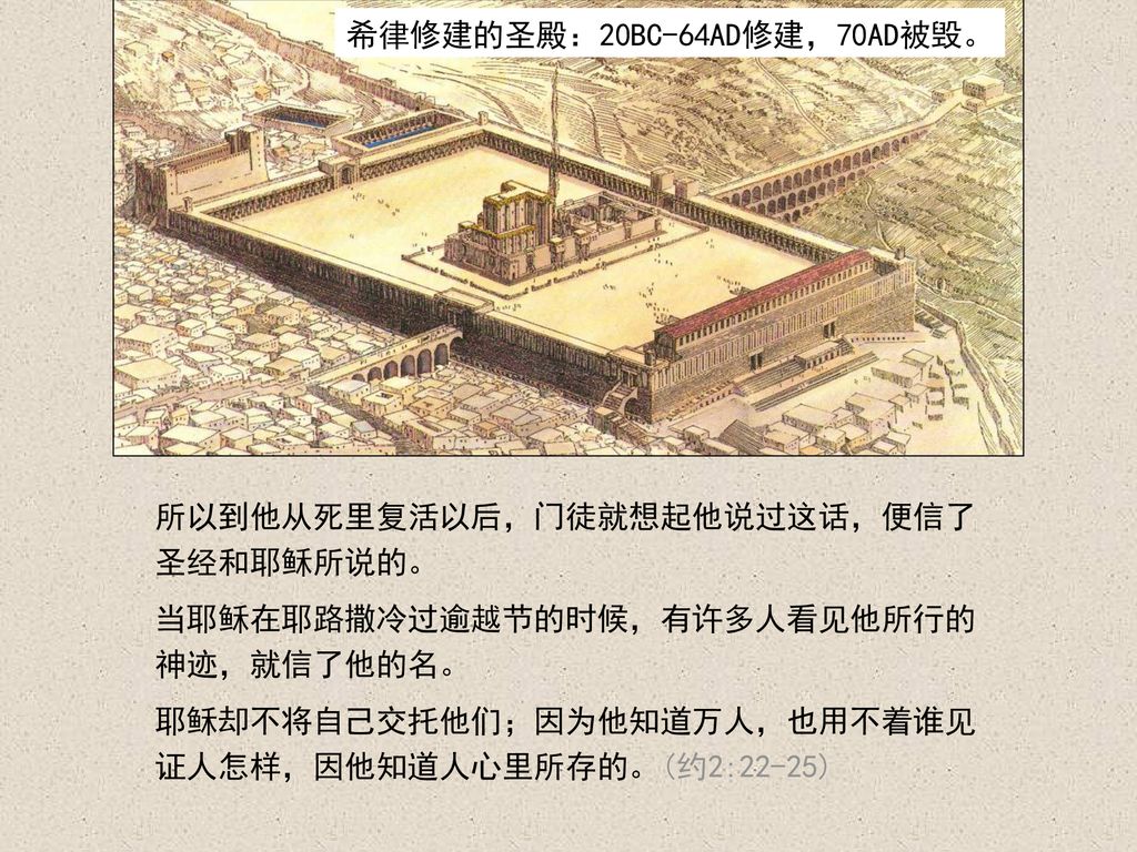 希律修建的圣殿：20BC-64AD修建，70AD被毁。