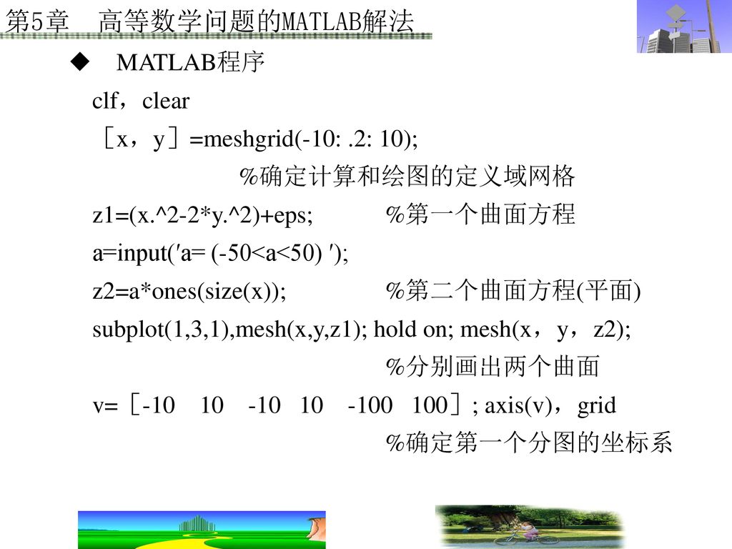 第5章高等数学问题的matlab解法5 1 函数极限和导数本节习题5 2 解析几何和多变量分析5 3 数值积分和微分方程数值解 Ppt Download