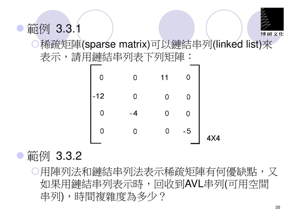 範例 稀疏矩陣(sparse matrix)可以鏈結串列(linked list)來表示，請用鏈結串列表下列矩陣： 範例
