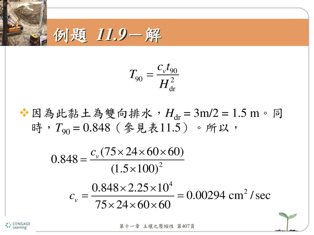 例題 11.9－解 因為此黏土為雙向排水，Hdr = 3m/2 = 1.5 m。同時，T90 = 0.848（參見表11.5）。所以，