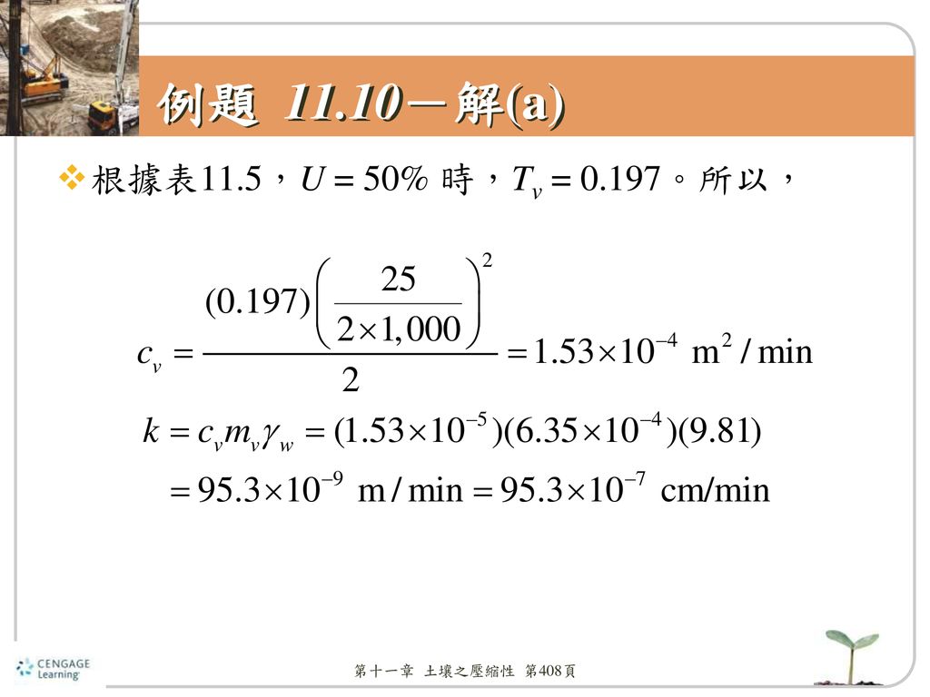 例題 11.10－解(a) 根據表11.5，U = 50% 時，Tv = 0.197。所以， 第十一章 土壤之壓縮性 第408頁