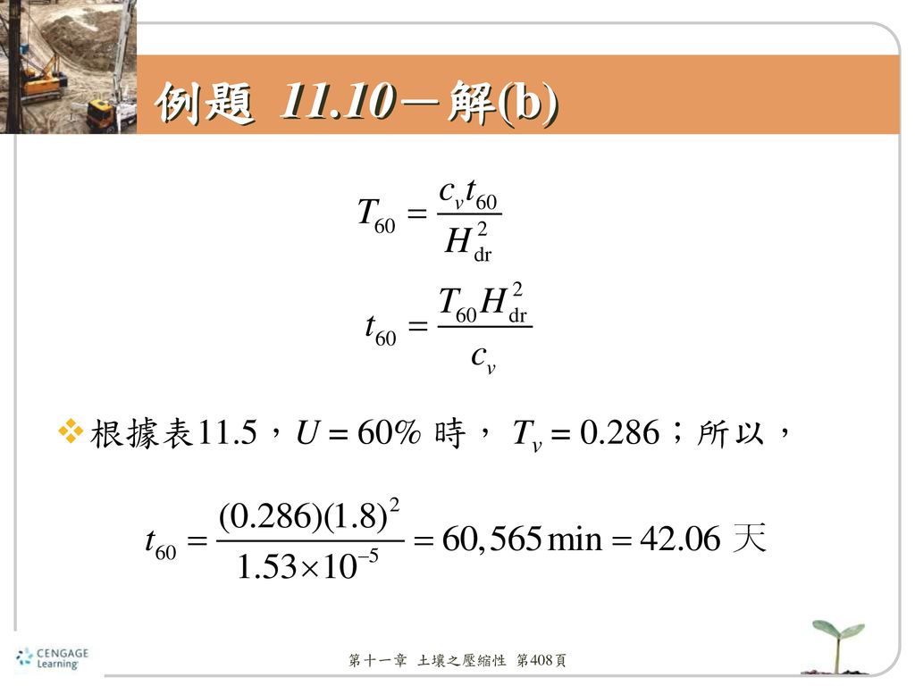 例題 11.10－解(b) 根據表11.5，U = 60% 時， Tv = 0.286；所以， 第十一章 土壤之壓縮性 第408頁