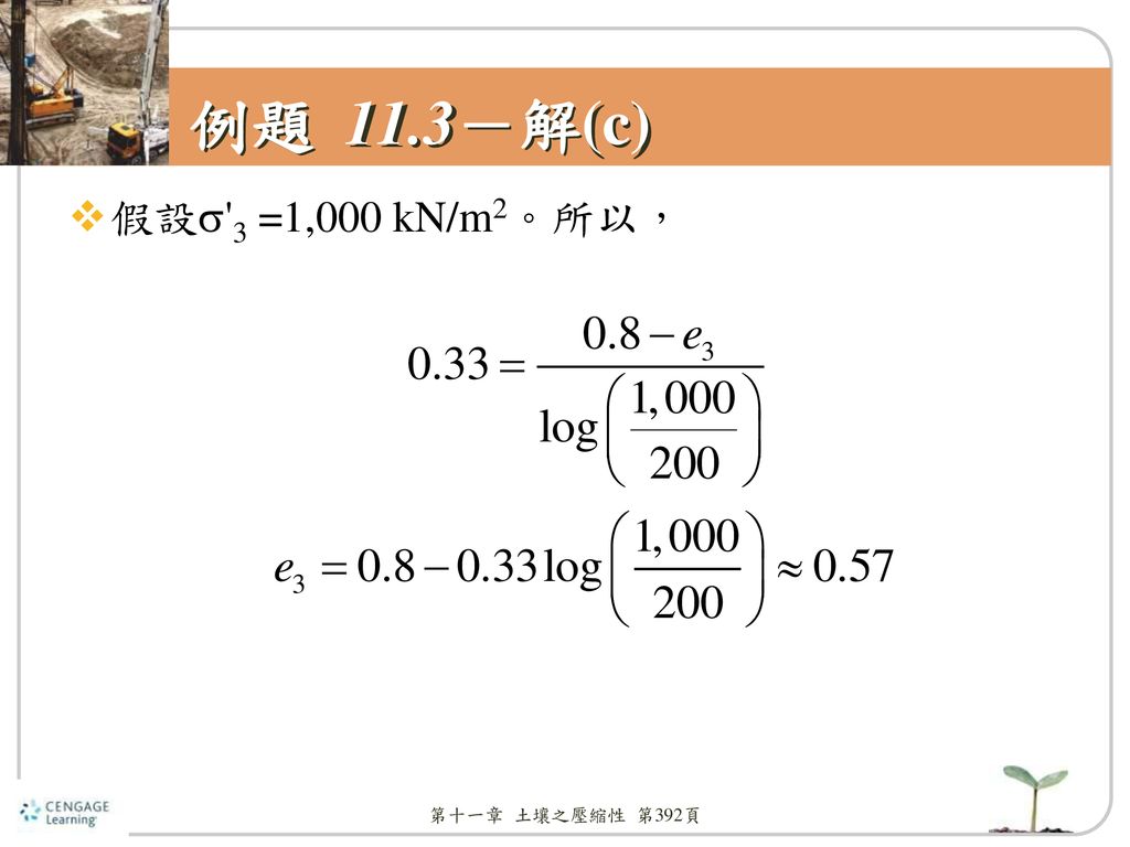 例題 11.3－解(c) 假設 3 =1,000 kN/m2。所以， 第十一章 土壤之壓縮性 第392頁