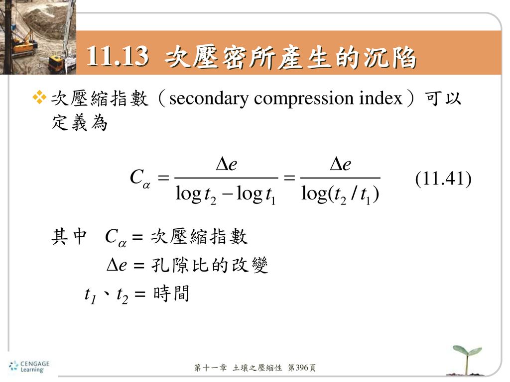 11.13 次壓密所產生的沉陷 次壓縮指數（secondary compression index）可以定義為 其中 C = 次壓縮指數