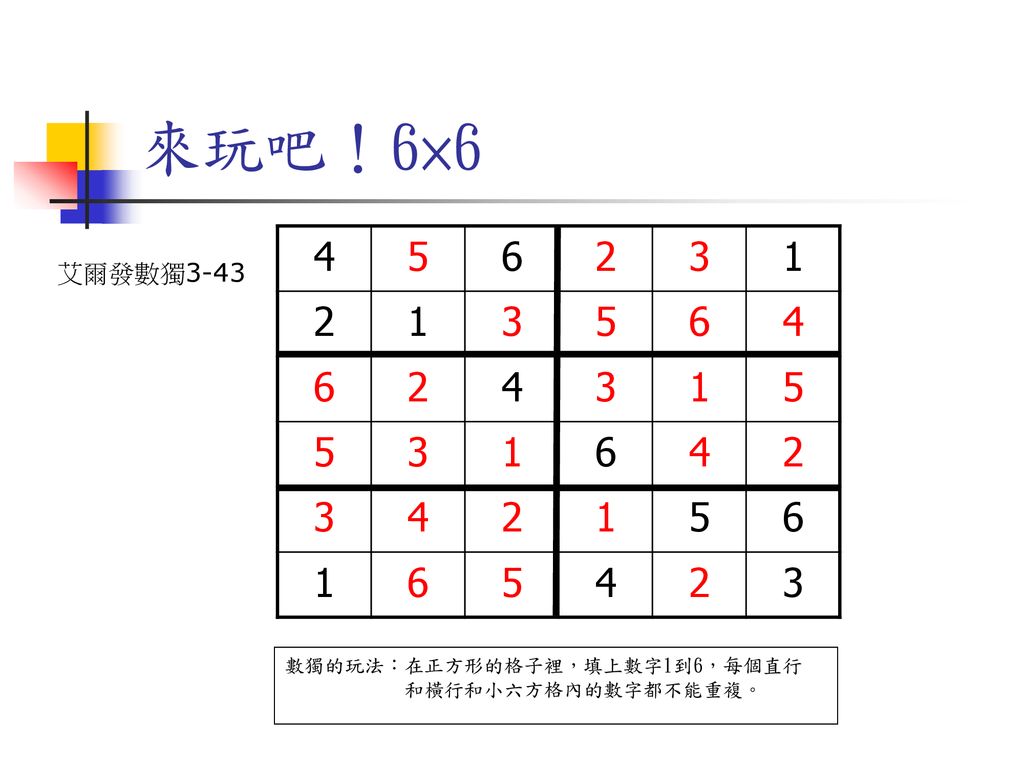 來玩吧！6× 艾爾發數獨3-43 數獨的玩法：在正方形的格子裡，填上數字1到6，每個直行
