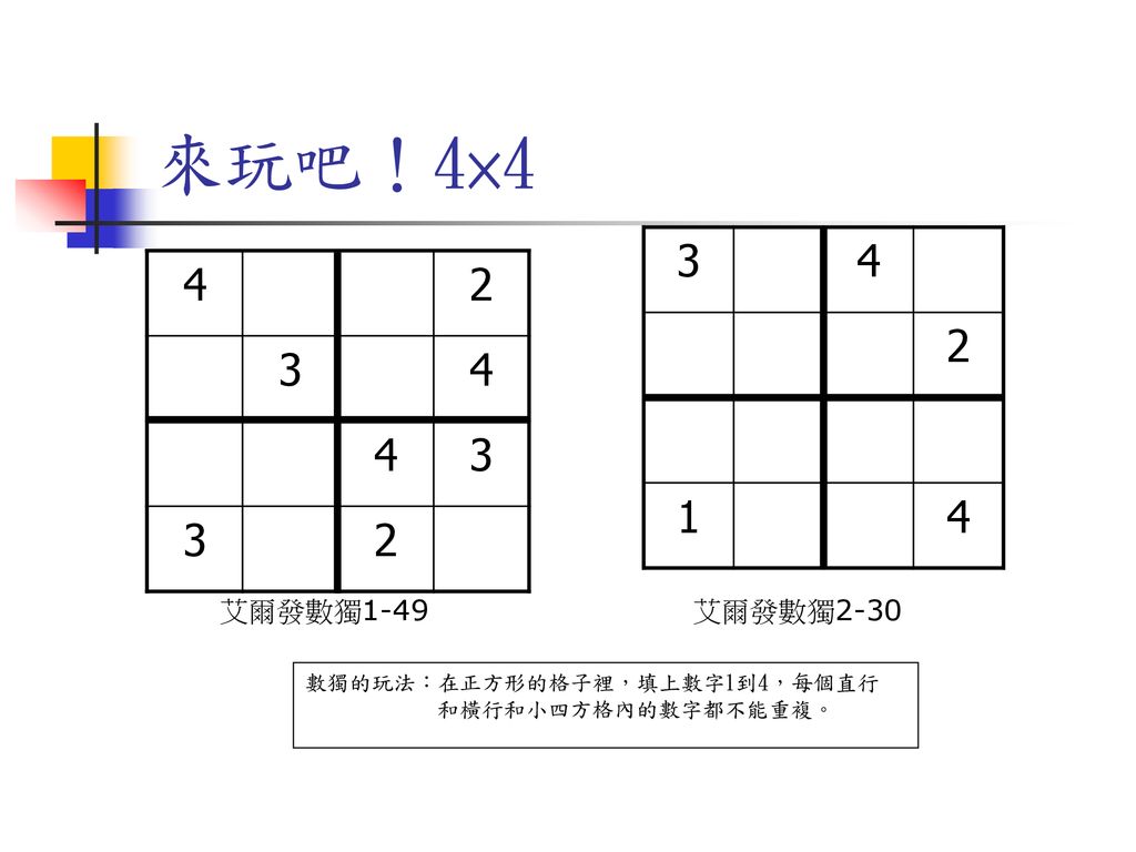 來玩吧！4× 艾爾發數獨1-49 艾爾發數獨2-30 數獨的玩法：在正方形的格子裡，填上數字1到4，每個直行
