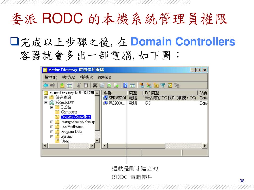委派 RODC 的本機系統管理員權限 完成以上步驟之後, 在 Domain Controllers 容器就會多出一部電腦, 如下圖：