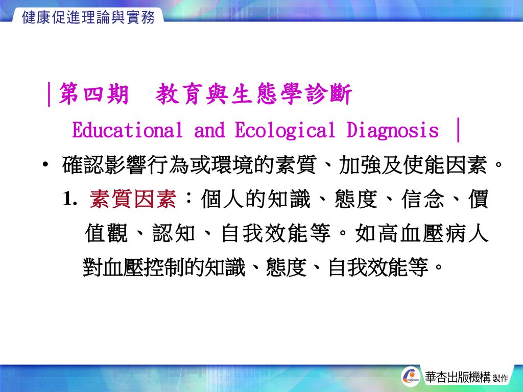 │第四期 教育與生態學診斷 Educational and Ecological Diagnosis │ 確認影響行為或環境的素質、加強及使能因素。 1.