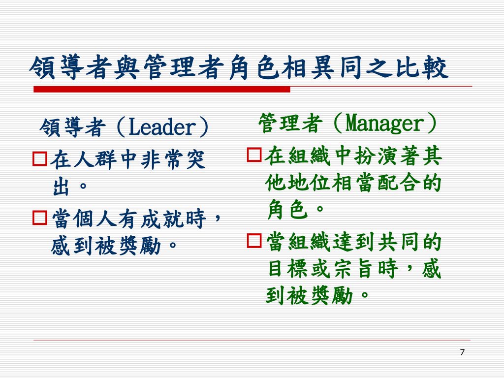 領導者與管理者角色相異同之比較 管理者（Manager） 領導者（Leader） 在組織中扮演著其他地位相當配合的角色。 在人群中非常突出。