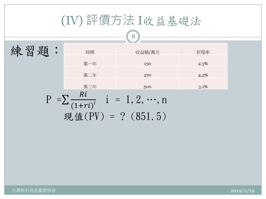 練習題： (IV) 評價方法 I收益基礎法 P = 𝑅𝑖 (1+𝑟𝑖)𝑖 i = 1,2,…,n 現值(PV) = (851.5)
