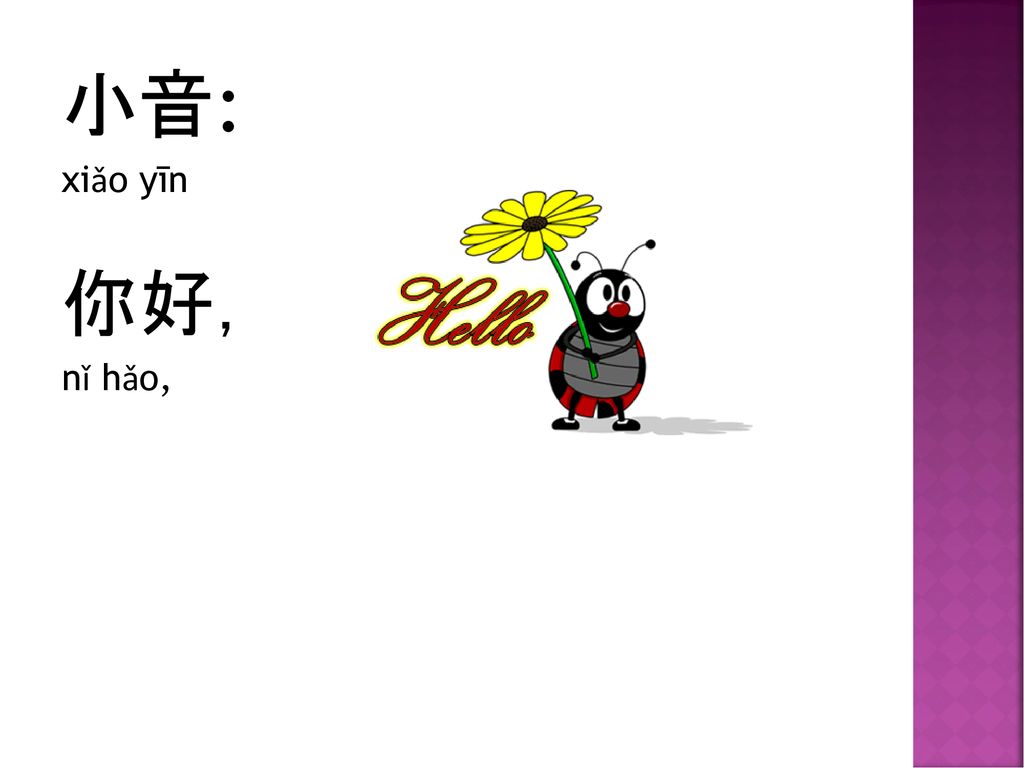小音: xiǎo yīn 你好， nǐ hǎo,
