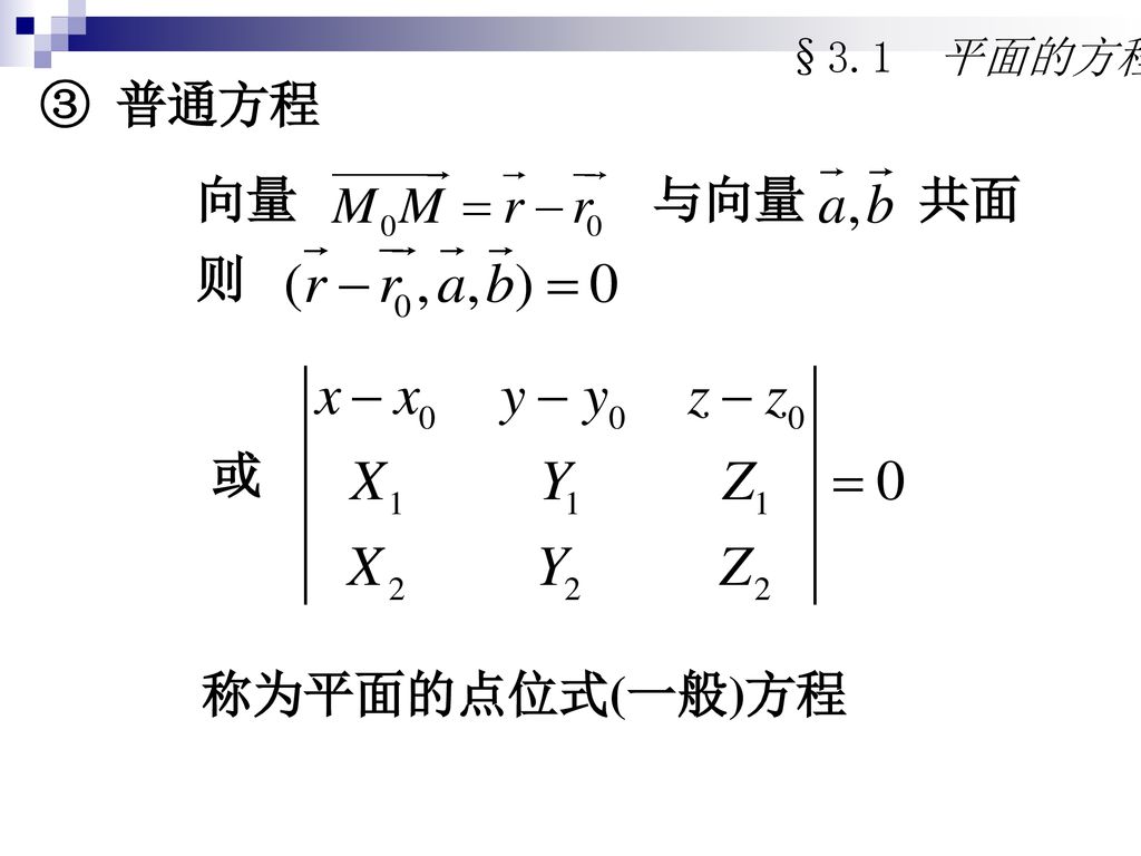 §3.1 平面的方程 ③ 普通方程 向量 与向量 共面 则 或 称为平面的点位式(一般)方程