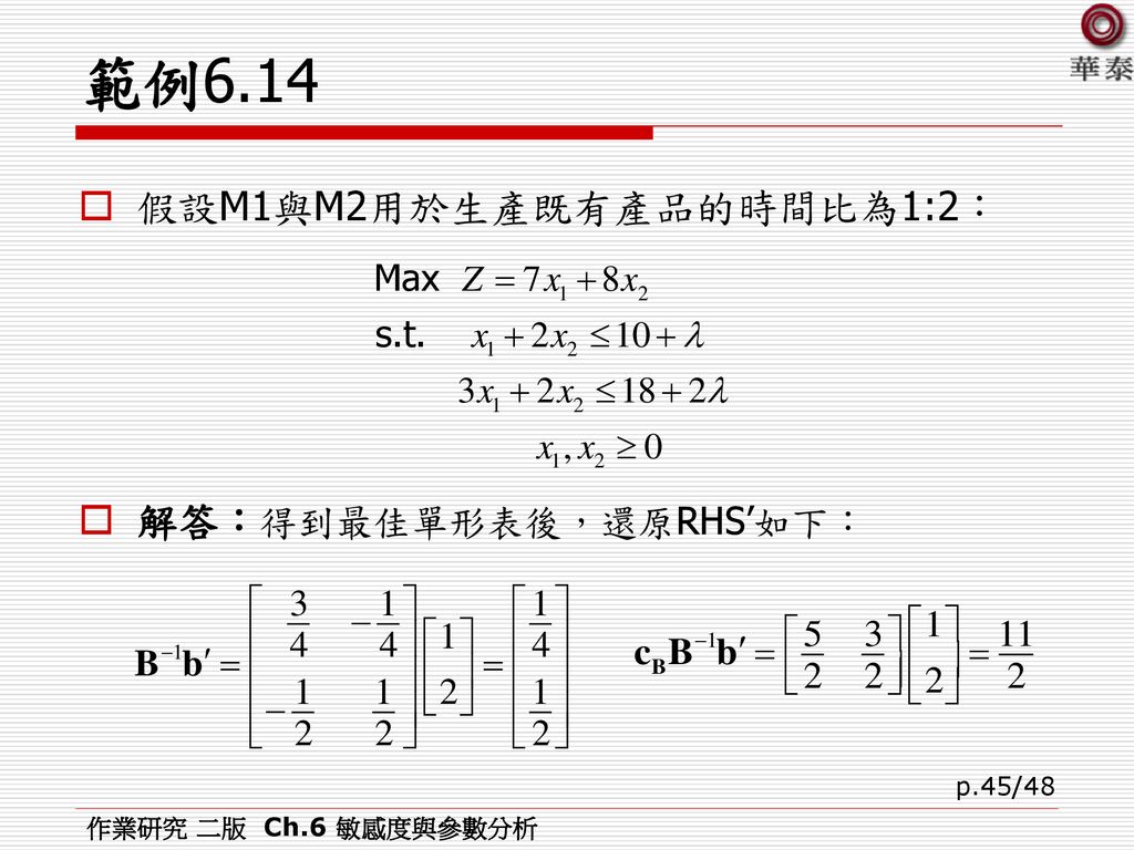 範例6.14 假設M1與M2用於生產既有產品的時間比為1:2： 解答：得到最佳單形表後，還原RHS’如下：
