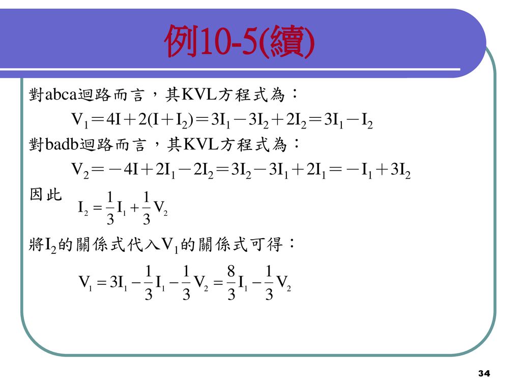 例10-5(續) 對abca迴路而言，其KVL方程式為： V1＝4I＋2(I＋I2)＝3I1－3I2＋2I2＝3I1－I2