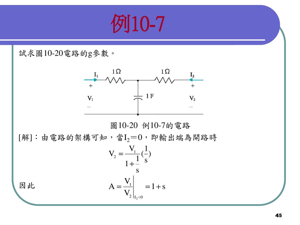 例10-7 試求圖10-20電路的g參數。 圖10-20 例10-7的電路 [解]：由電路的架構可知，當I2＝0，即輸出端為開路時 因此