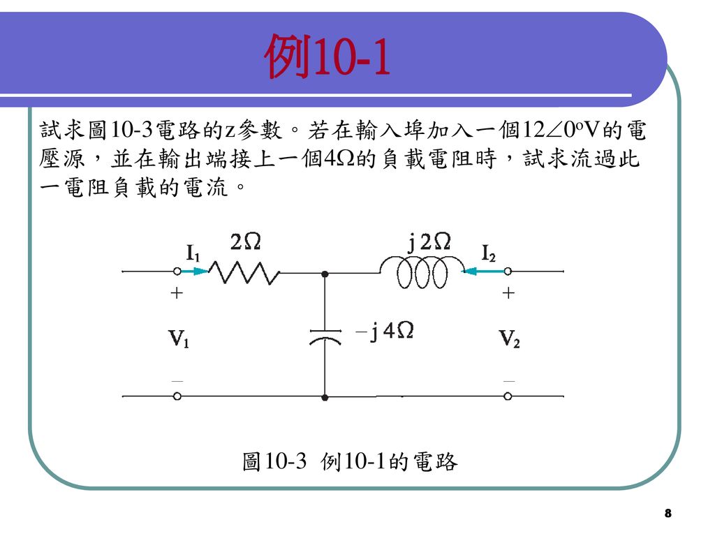 例10-1 試求圖10-3電路的z參數。若在輸入埠加入一個120oV的電壓源，並在輸出端接上一個4的負載電阻時，試求流過此一電阻負載的電流。 圖10-3 例10-1的電路