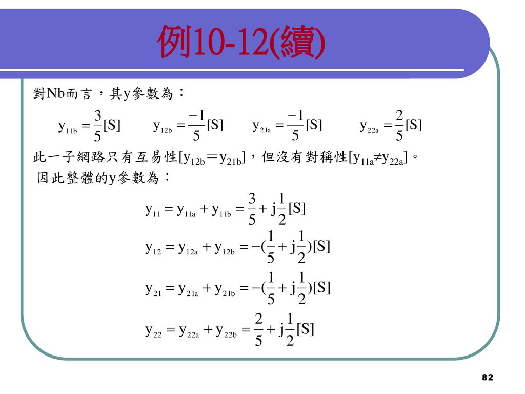 例10-12(續) 對Nb而言，其y參數為： 此一子網路只有互易性[y12b＝y21b]，但沒有對稱性[y11ay22a]。