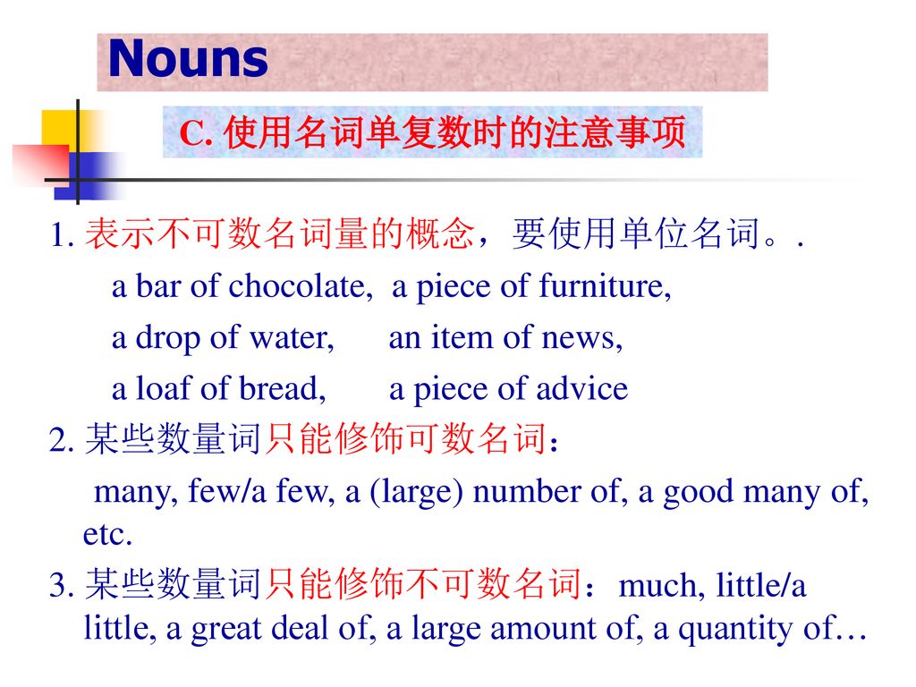 Nouns 英语名词分为专有名词和普通名词两大类 A 名词的分类普通名词又可分为可数名词和不可数名词 可数名词