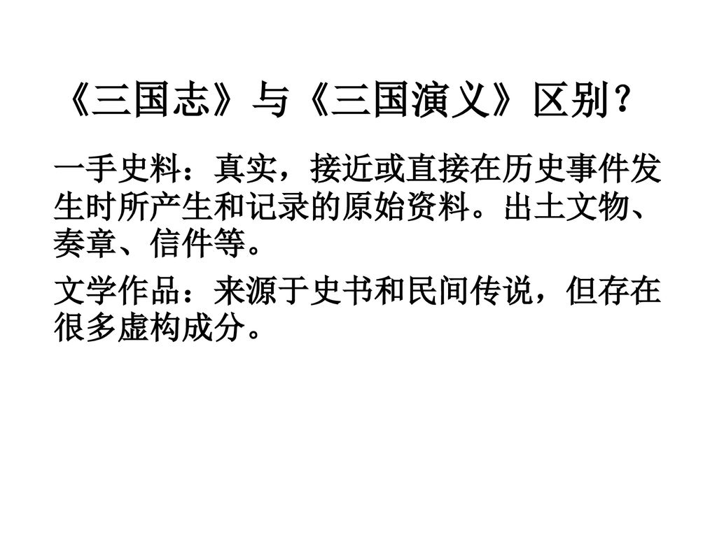 三国志 与 三国演义 区别 一手史料 真实 接近或直接在历史事件发生时所产生和记录的原始资料 出土文物 奏章 信件等 文学作品 来源于史书和民间传说 但存在很多虚构成分 Ppt Download