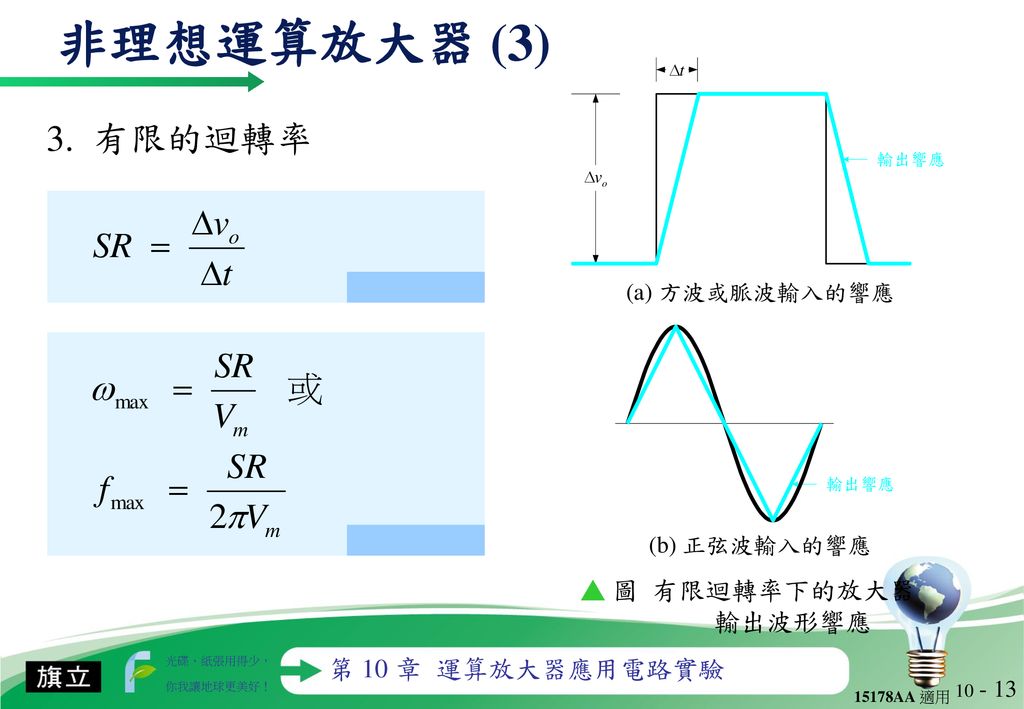 非理想運算放大器 (3) 3. 有限的迴轉率 ▲ 圖 有限迴轉率下的放大器輸出波形響應 (a) 方波或脈波輸入的響應